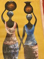 Maleri, 3 afrikanske kvinner som bærer krukker på hodet, detaljer